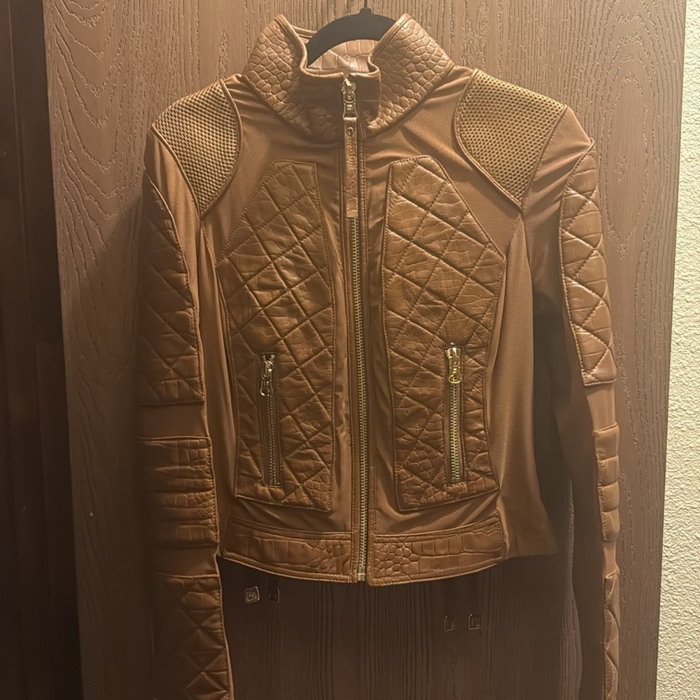 Blanc Noir Women's Brown Quilted Leather Moto Jacket - Picture 3 of 6